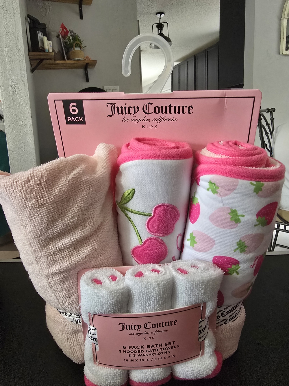 Juicy Couture Kids Pink & White Hooded Towel Set with Fruit Prints
